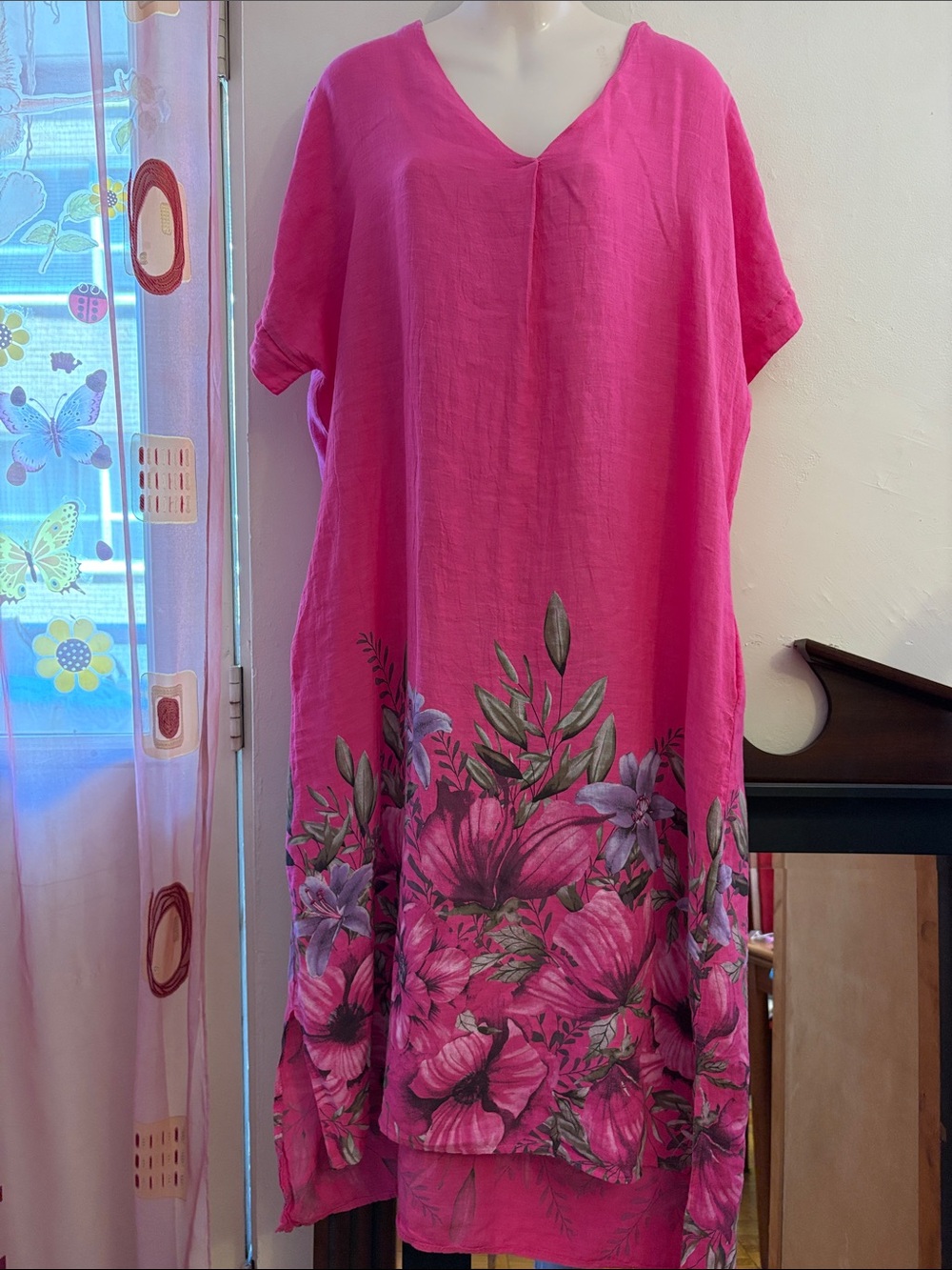 Hot Pink Floral V-Neck Women's Dress